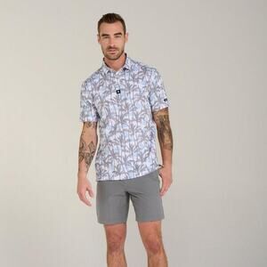 Bad Birdie Polo Shirt Leisurely Button Up Palm Print Gray Blue Size Large